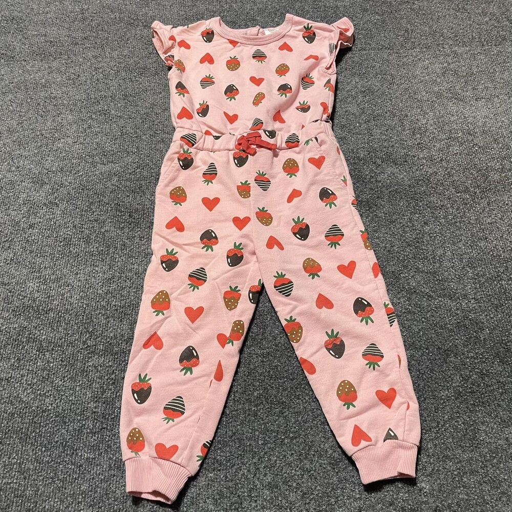 Wonder Nation Jumpsuit Girls 3T Pink Strawberry Heart Print One Piece Outfit
